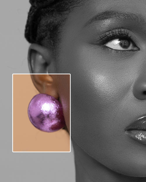 Alma orchid lavender stud earrings made from wood and metallic foil, handmade in Ghana