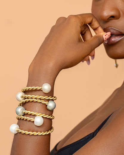 Akuba adjustable brass bangle set with acrylic pearls