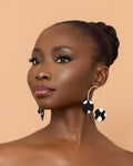 Takyiwaa black earrings handmade from textured brass and African print fabric