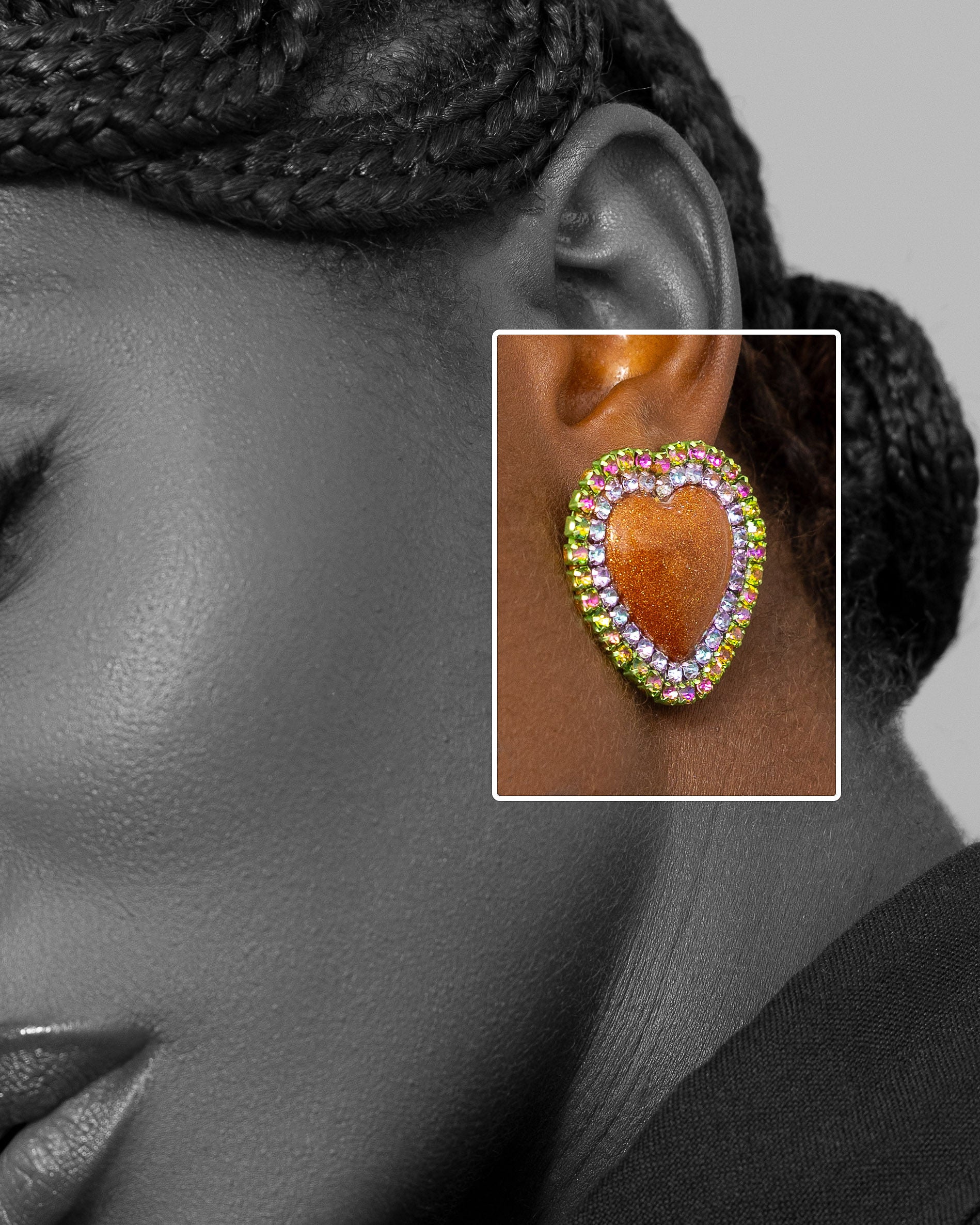 Vadea heart stud earrings with resin centre and crystal rhinestones, handmade in Ghana